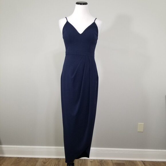 BHLDN Blue Caron Dress Size 2 Womens Sleeveless Crepe V Neck Petal Slit Midi - Picture 2 of 10